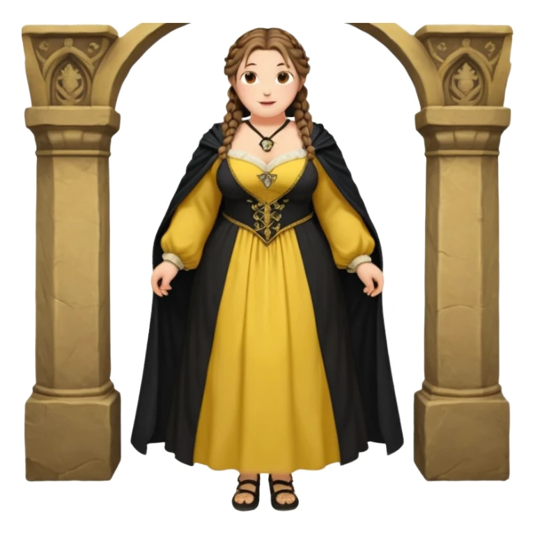 Helga Hufflepuff,brown-haired,2 braids,yellow-black medieval open dress,deep neckline,fat macromastia,black cloak decorated with gold braiding,gold cup with two handles,very kind smile,curvy busty sweet woman,round rosy cheeks,full length with medieval shoes sticker