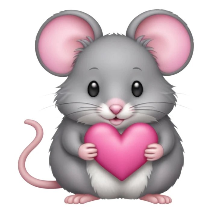 A gray mouse holds a pink heart in its paws sticker