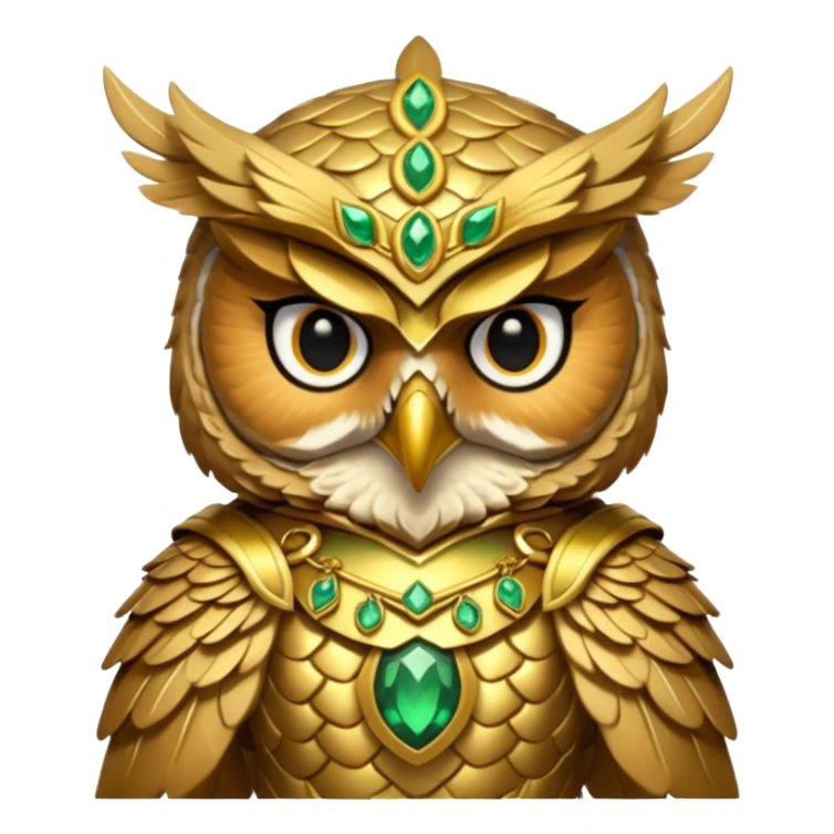 owl warrior wearing golden armor embedded with emerald jewels sticker