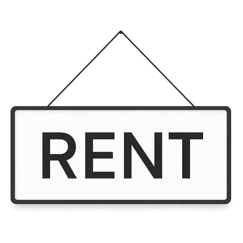 realistic modern 'rent' sign board, clean lines, minimal, contemporary, photo-like sticker