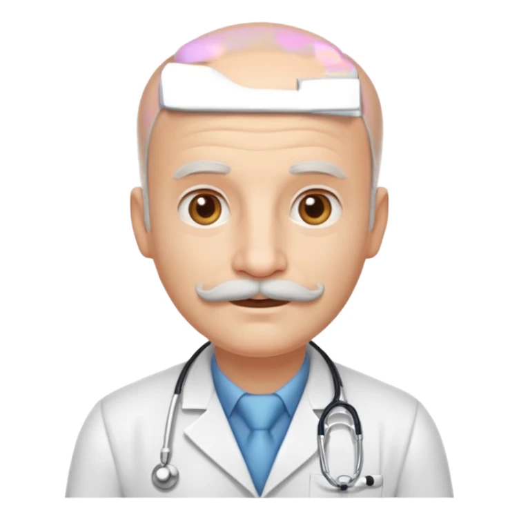 doctor emoji, friendly, white mustache, advanced baldness, kind expression sticker