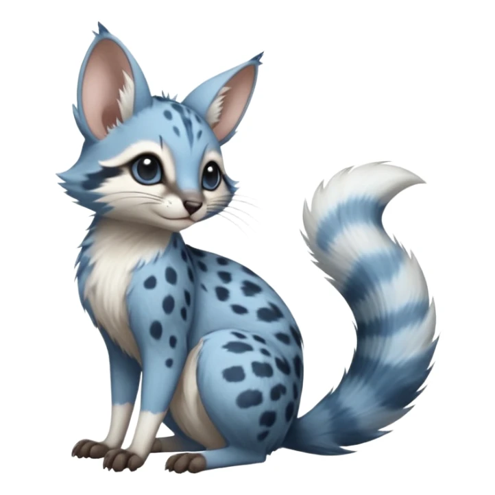 Blue-pointed, grey, soft natural realistic romantic vintage antique divine beautiful elegant pretty precious cute young youthful  Fakémon-Pokémon-alien-opossum-squirrel-feline-serval-caracal-chinchilla-Minccino-Cinccino-Meowstic-rodent-hybrid-creature with a big fluffy bushy tail (full body) sticker