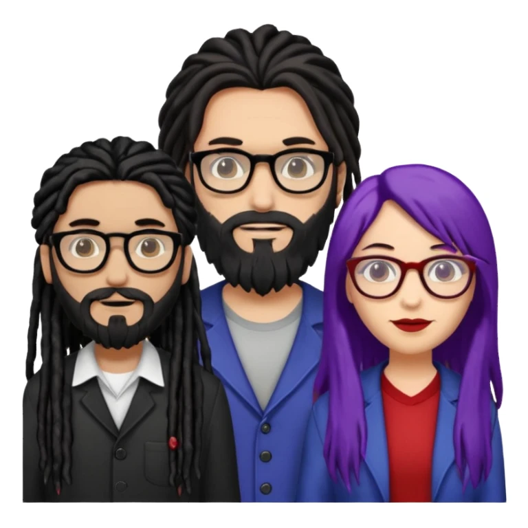 Three people standing together: on the left, a man with long hair, glasses, and a beard; on the right, a man with black dreadlocks with a red accent; in the center, a woman wearing glasses with violet-and-black hair sticker