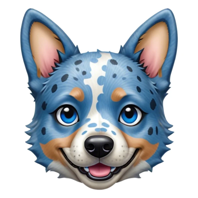 Cinematic Comical Blue Speckle Australian Cattle Dog Portrait Emoji, Head tilted dramatically with an exaggeratedly amused expression, featuring a striking blue speckle Fur with bold patterns, wide, expressive blue eyes filled with playful disbelief, Simplified yet hilariously expressive features, highly detailed, glowing with a slightly sassy glow, high shine, dramatic yet playful, stylized with an air of cheeky charm, bright and endearing, soft glowing outline, capturing the essence of a spirited and over-the-top herder, so meme-worthy it feels like it could side-eye its way into internet fame instantly! sticker