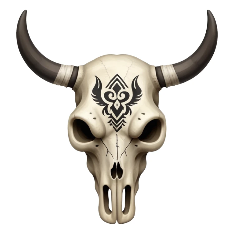 A bull skull with black tribal markings painted on it  sticker