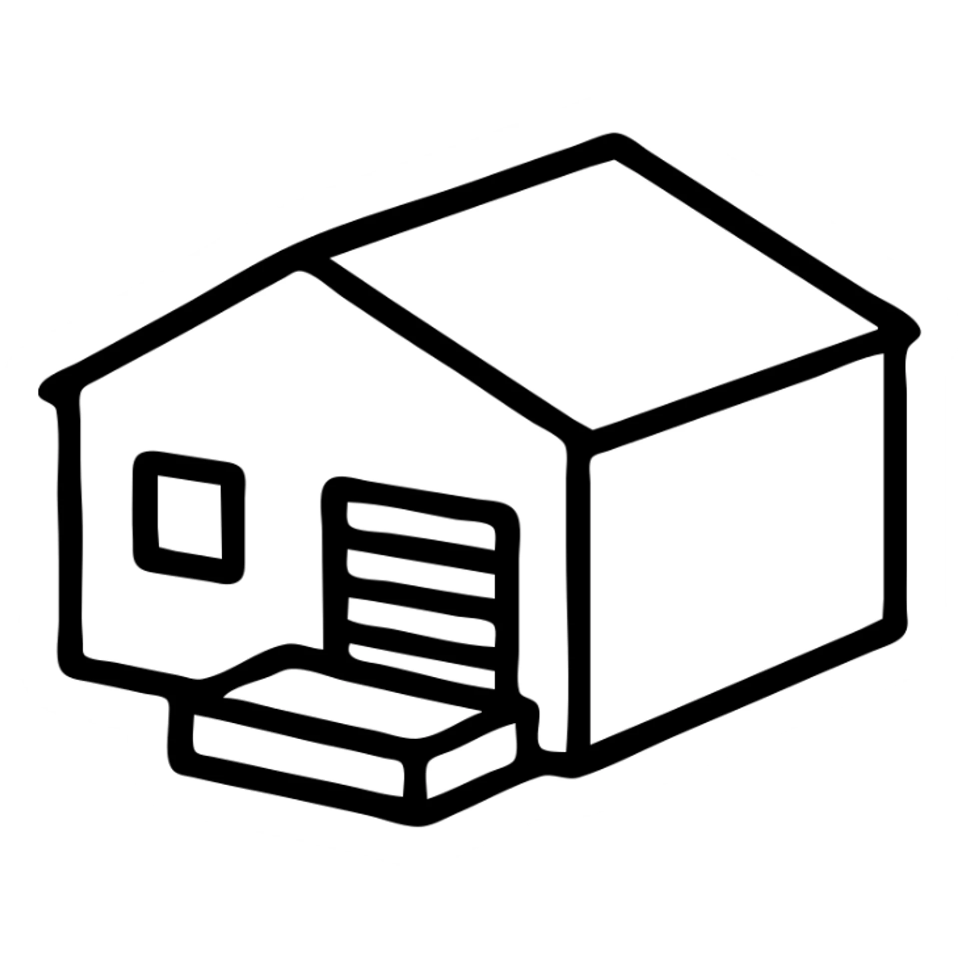 Single story warehouse building in isometric view with loading dock and roll-up door sticker