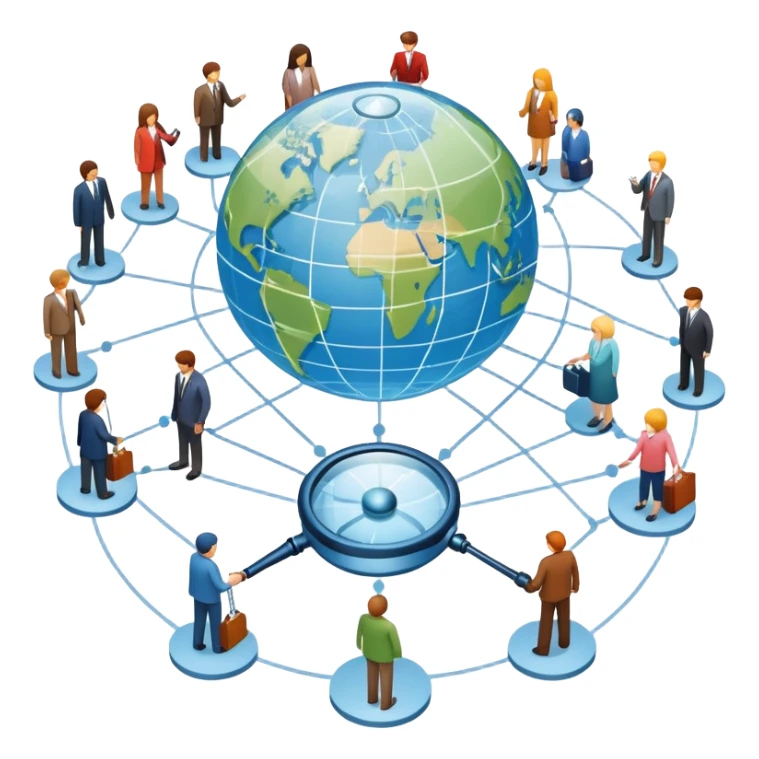 An icon featuring a group of people, a network diagram, and a magnifying glass, symbolizing sociology. The design includes a globe and interconnected lines, representing social structures and relationships. Transparent background highlights the study of societies and human behavior. sticker