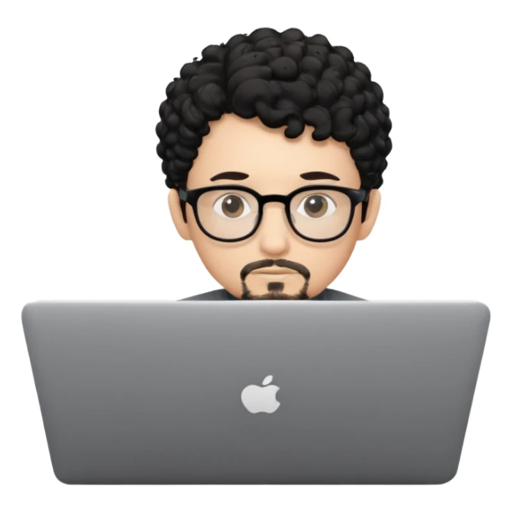 A young boy DEVELOPER WITH A laptop, black curly short hair, wearing glasses, a thin goatee, his skin is white sticker