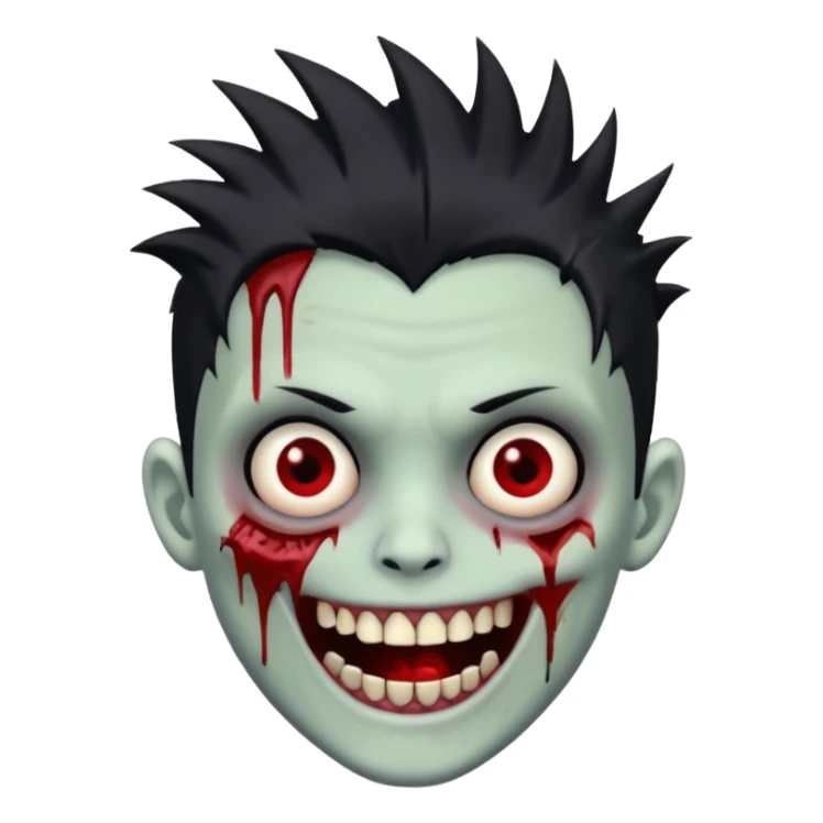 zombie boy with emo spiky hair, white skin, and white eyes; an open smile, and bloodied teeth; sticker