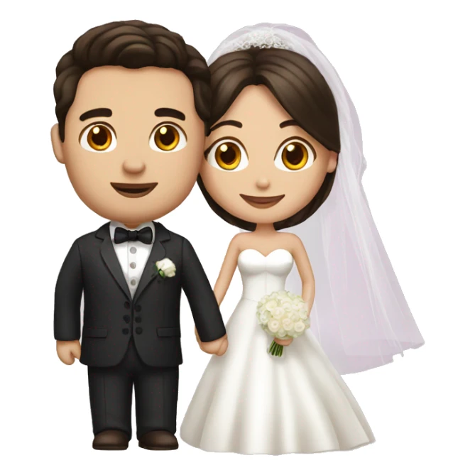 bride with dark brown hair and groom with white suit sticker