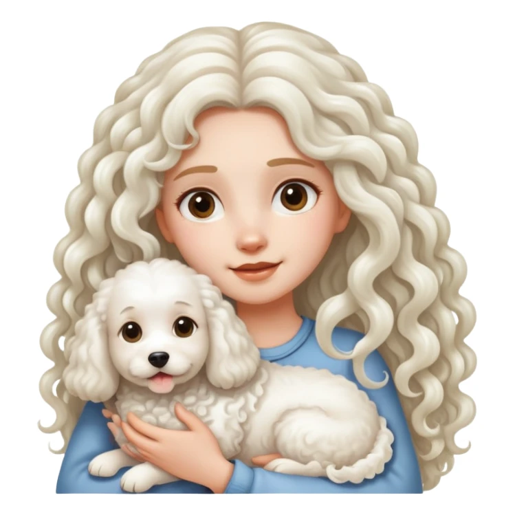 A long-haired girl is holding a big white curly dog sticker