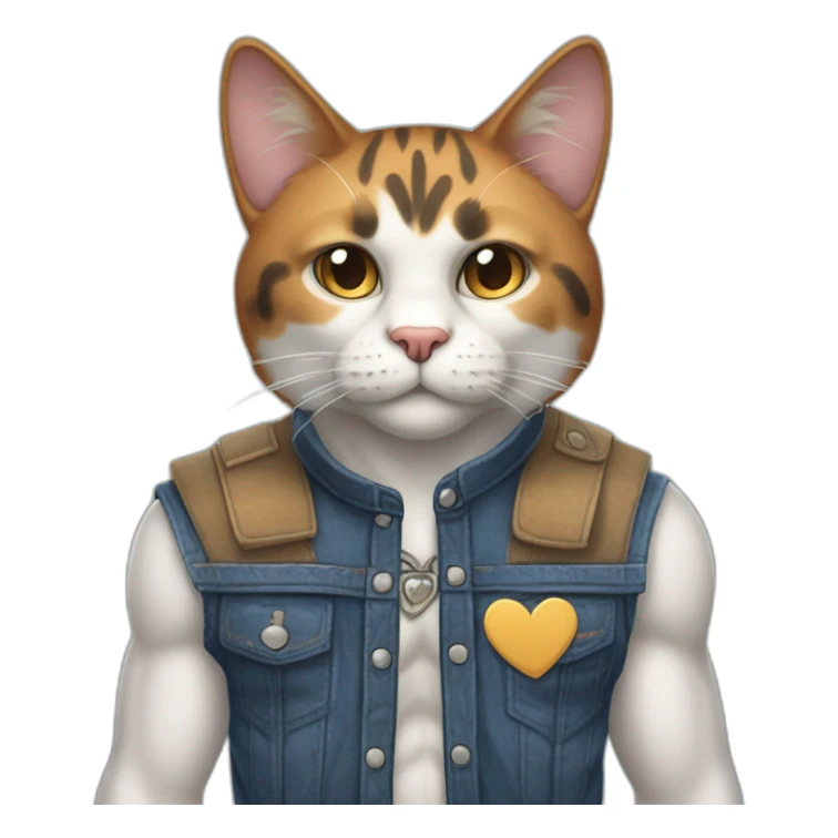 Meowscles is a muscular and humanoid calico cat without in blue jeans. He has a heart with "Lynx" written inside of it tattooed on his right bicep. sticker