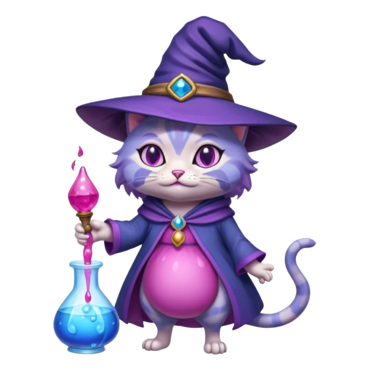 Purple witch cat full body with pink potion and blue potion bubbling  sticker