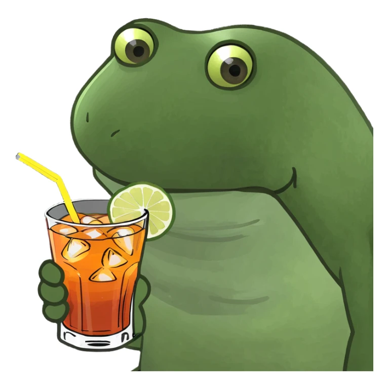 bufo frog sitting on a beach, drinking a mai tai, vacation scene sticker