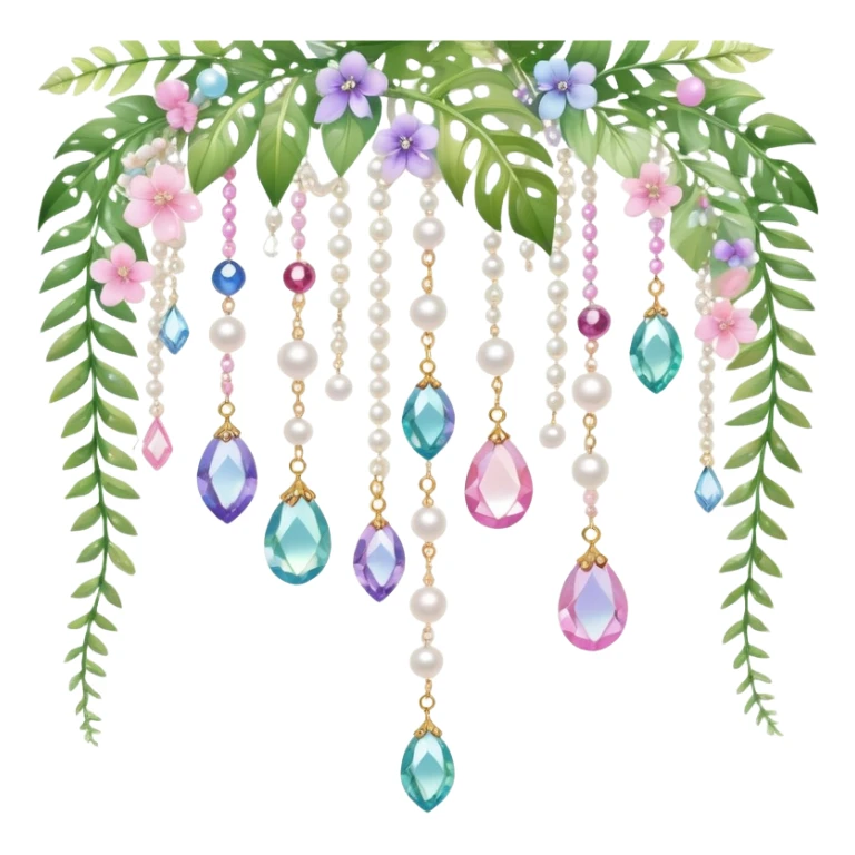 Exotic romantic pretty pastel Few cute tiny Iridescent glistening glossy sparkly shiny glittery hanging crystals pearls and beads and gemstones scenery scenic decorations with vines and ferns and flowers sticker