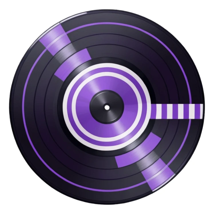 black pixel art vinyl record with a purple and white striped middle label, pixel art, as if you were looking at it from an angle sticker