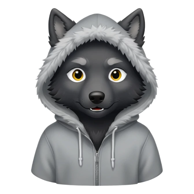 black wolf in a hoody that says “MAIR” sticker