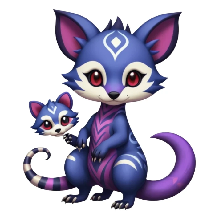 Rare warm-colored exotic gloomy tropical edgy cute epic aesthetic spooky indigo purple white black red gothic colorful Salandit-Furret-Espurr-Meowstic-Civet-species-Fakemon-hybrid-creature, with tribal tattoo markings, full body sticker