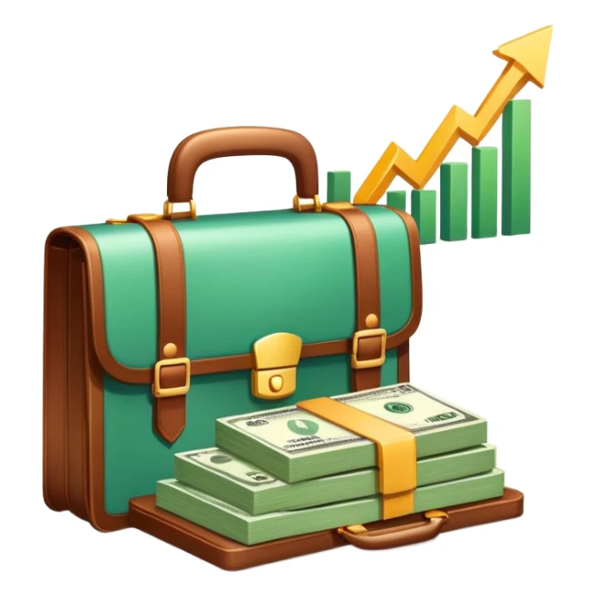 An icon showing a briefcase, a stack of money, and a graph with upward growth, representing business and entrepreneurship. The design highlights innovation, investment, and success in the world of startups and corporate ventures. Transparent background emphasizes the dynamic nature of business. sticker