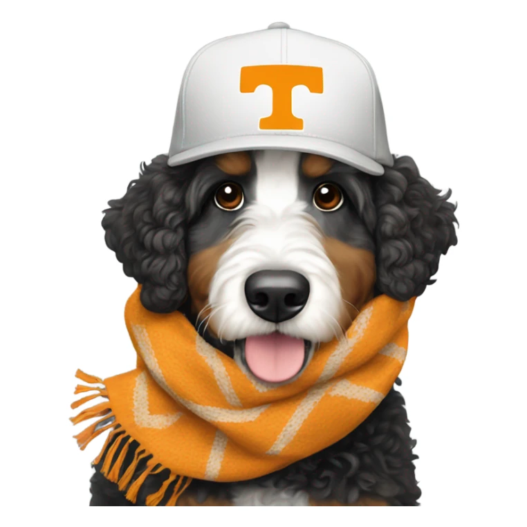 Bernedoodle with University of tennessee hat and scarf sticker