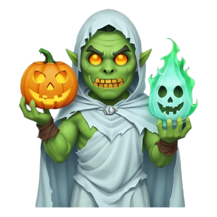 male orc warrior ghost emoji, green skin, wearing torn white ghost sheet costume, holding glowing jack-o'-lantern, faint blue aura, friendly but spooky expression, Halloween fantasy theme, Apple emoji style, clean white background, square sticker