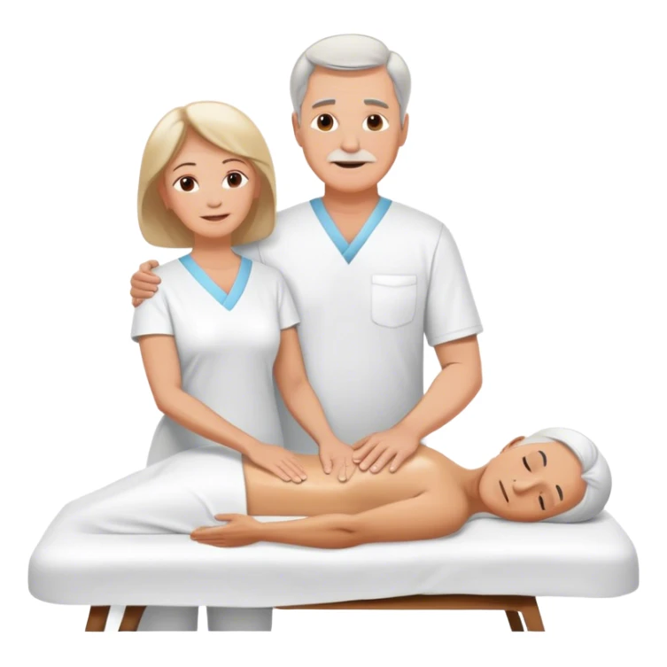 60-year-old white man dressed in white tunic giving massage to a 60-year-old white woman sticker