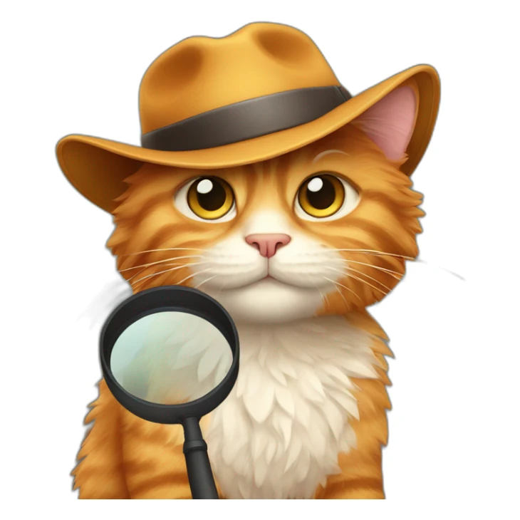 Fluffy ginger cat with a detective's hat and magnifying glass sticker