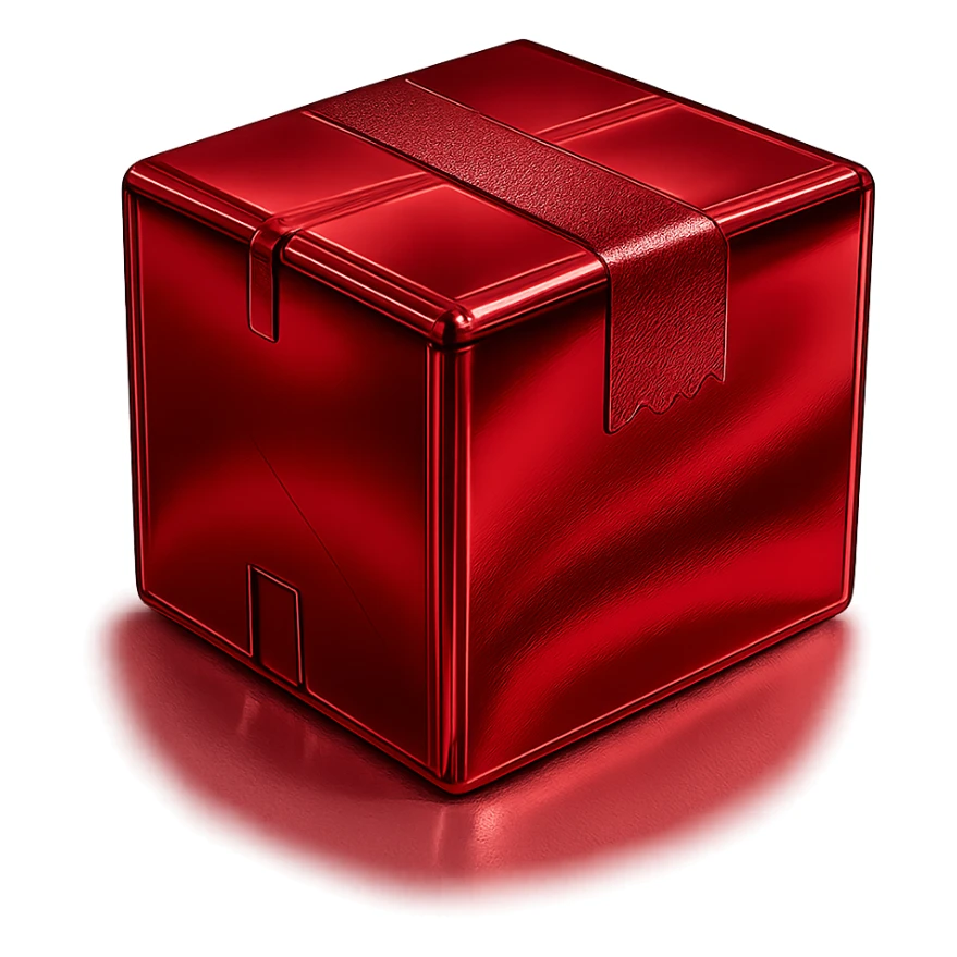 Add a specular layer with color #C31F3F to the chrome package box, keeping the metallic, shiny, modern look, and preserving the original shape and tape details. sticker