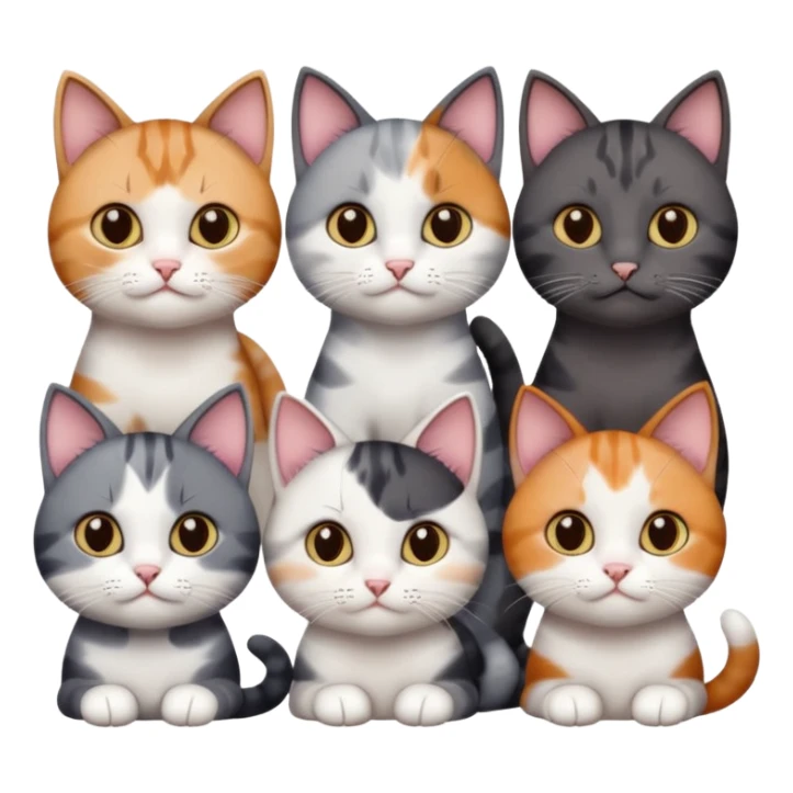 5 different coloured short haired cats including; a dark brown and white cat, and a dark grey and white, and a calico sticker