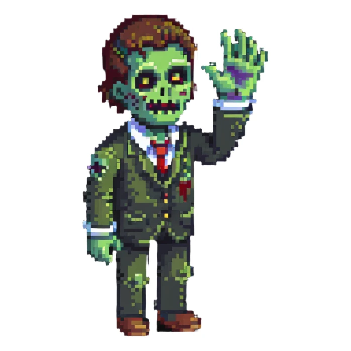 isometric zombie waving hand saying hello in Project Zomboid style sticker