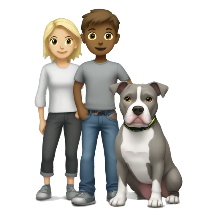 Gray Pitbull standing with brune-haired boy and blonde girl sticker