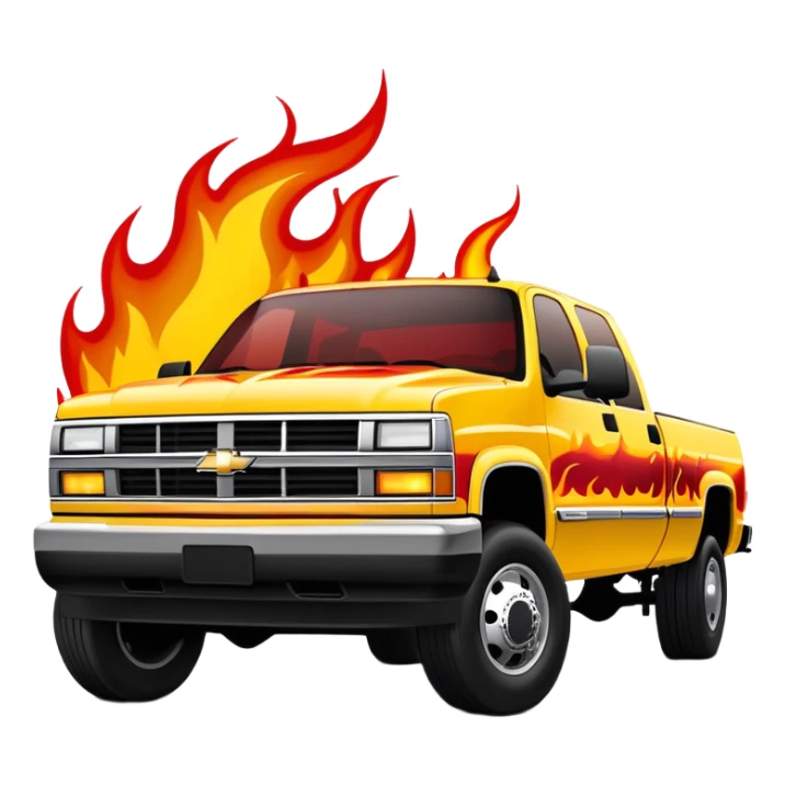 1997 yellow Chevy C-2500 Crew Cab with intricate airbrushed red flame design spreading across front, realistic flame artwork like in Kill Bill movie, 30-degree view, iOS emoji style sticker
