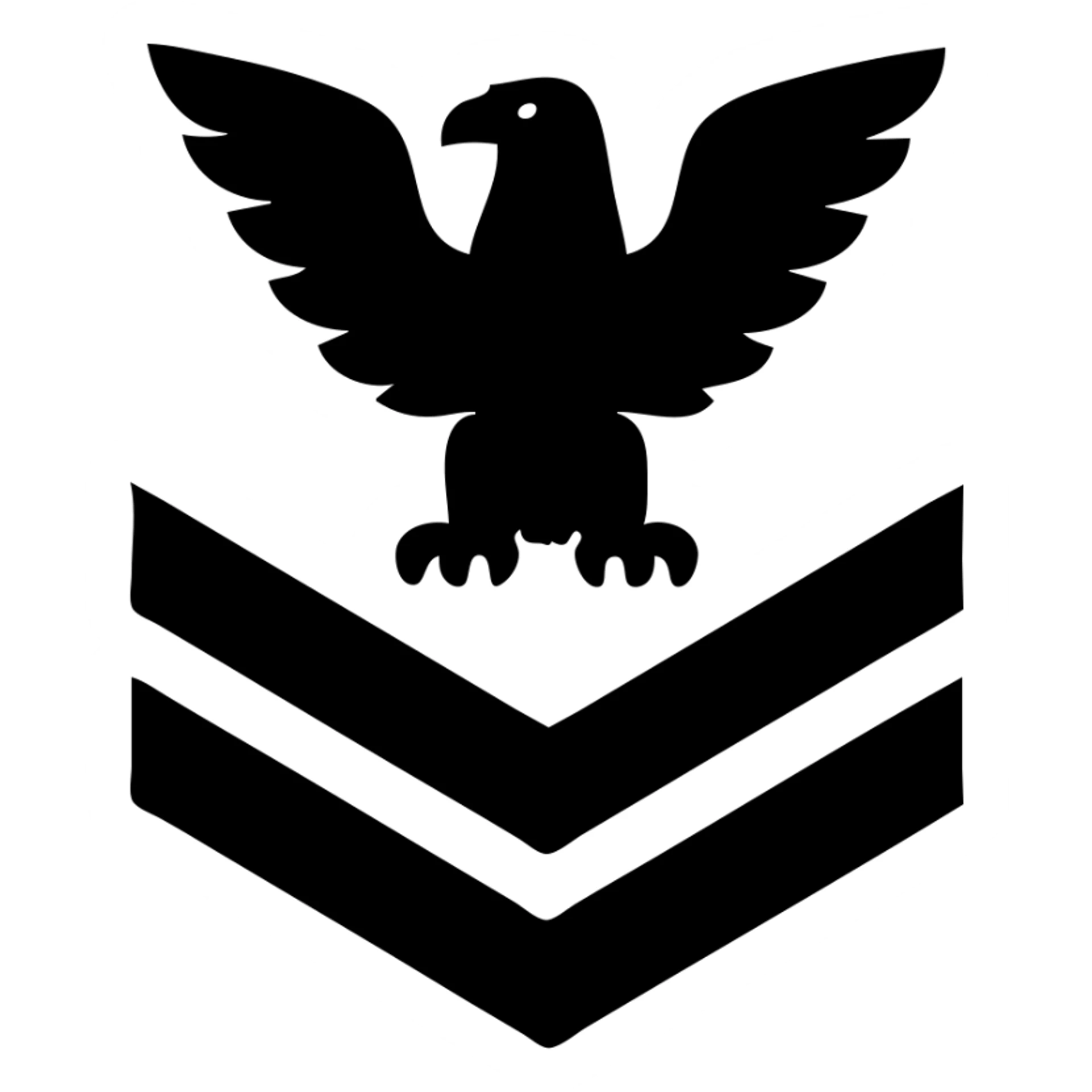 U.S. Navy E-2 insignia, stylized gold eagle and two chevrons, navy blue background, flat icon sticker