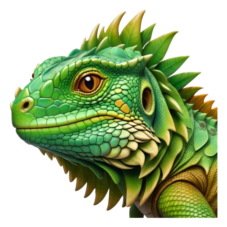 Cinematic Realistic Noble Iguana Portrait Emoji, Poised and commanding, with a robust, elongated body covered in intricately detailed, rough scales in vibrant shades of green with earthy brown accents, and a sharply defined head with piercing amber eyes, rendered with lifelike texture and natural light that accentuates every scale, high shine, intelligent and formidable, styled with an air of tropical authority, focused and attentive, soft glowing outline, capturing the essence of a watchful and confident iguana that appears ready to bask in the sun with effortless grace! sticker