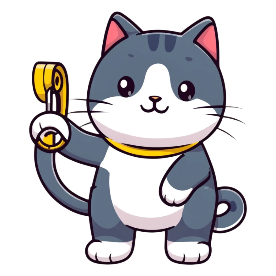 a cat that sews: in his left hand he holds scissors, and in his right hand he holds a tape measure sticker