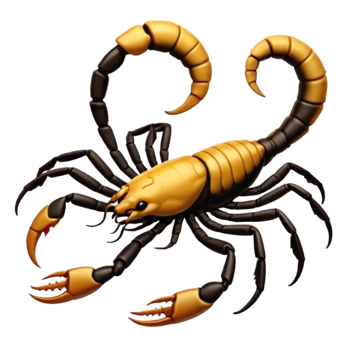 A 3D cartoon scorpion with shiny dark body and curled tail, on a light surface, realistic Memoji-style, soft lighting. sticker