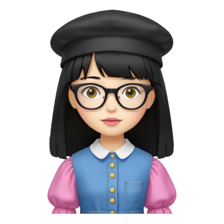 A yellow-skinned girl with long straight black hair, flat bangs, black frame glasses, a white puffy sleeve doll shirt, blue jeans and pink shoes, and a black painter's hat，no yellow spikes. sticker