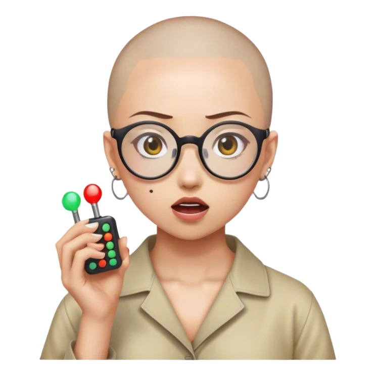 “Hey genmoji, create a half Japanese girlie with glasses holding buzzers and part of her head shaved. She has concepts of a psychotic break sticker