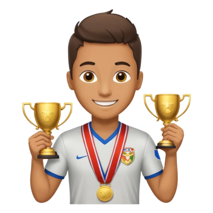 happy soccer player with a first-place medal and a trophy sticker