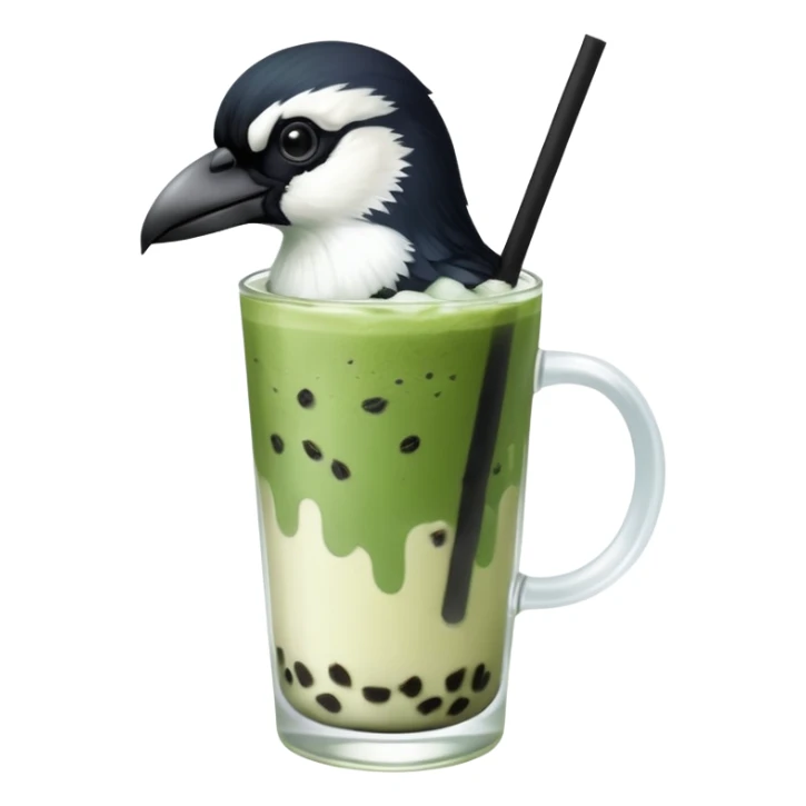  ONE Australien Magpie (just black and white feathers) sitting on an iced matcha latte on the edge of the glass. magpie has green matcha on its beak. matxha latte is in a see through glass and white from thr milk on the bottom and green without seeds on top… one straw & ice cubes sticker