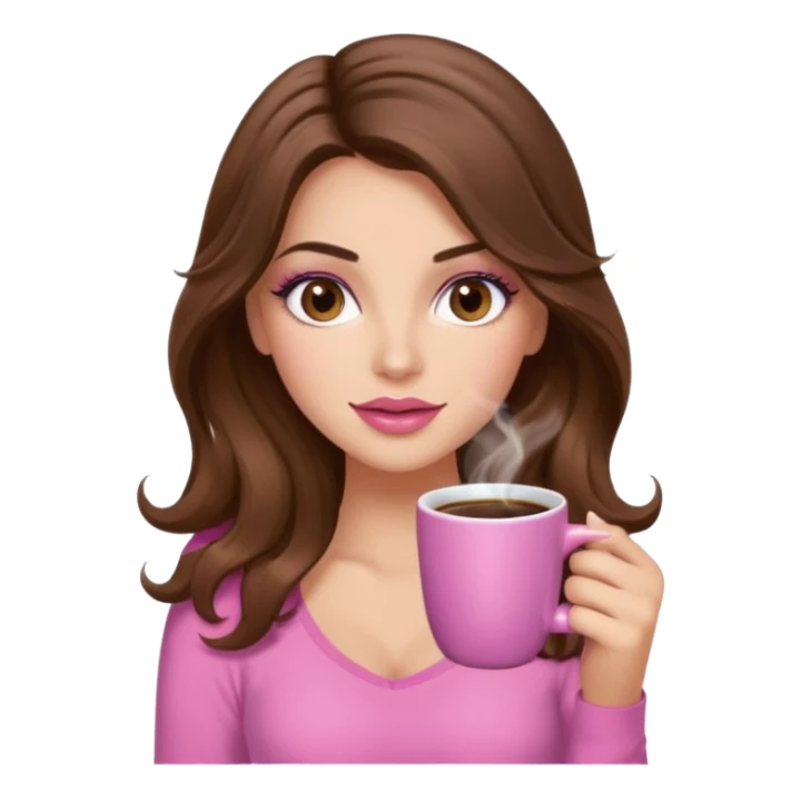 girl with long wavy brown hair, brown eyes, long lashes makeup, sexy pink lips, light to medium complexion, pink sexy top, with a hot coffee mug sticker