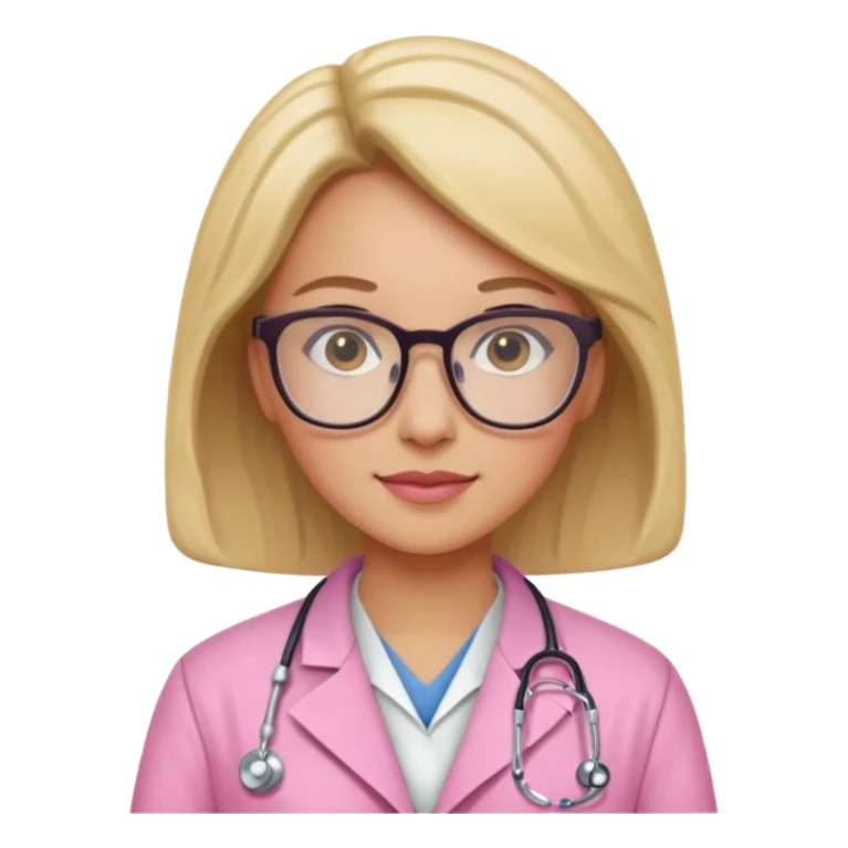 female physician in pink lab coat with glasses, confident, realistic sticker