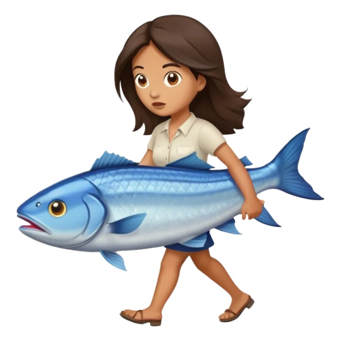 Confused Brunette Woman walking with huge fish sticker