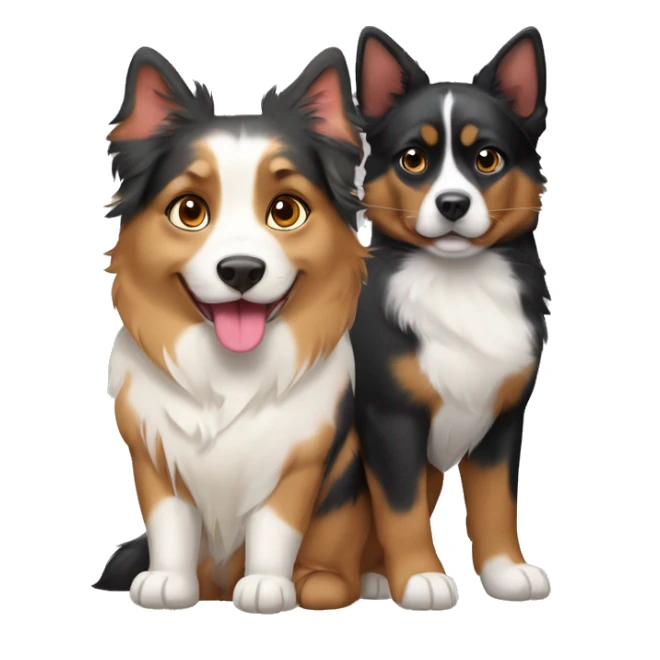 Fat calico cat with a black and tan Australian Shepard dog sticker
