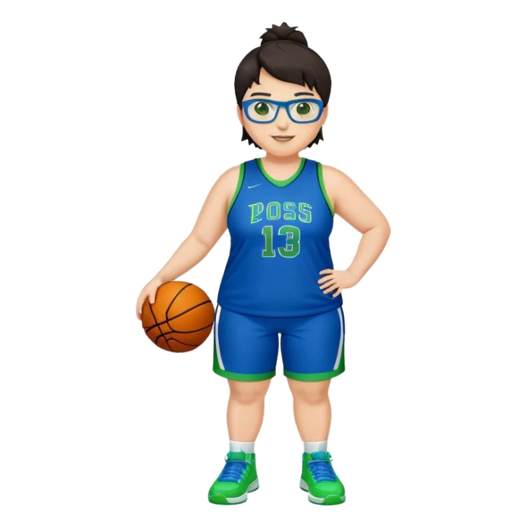 Full Body plus size white female basketball player with short dark hair with highlights spike hair wearing blue glasses  wearing blue green uniform  green sneakers smiling sticker