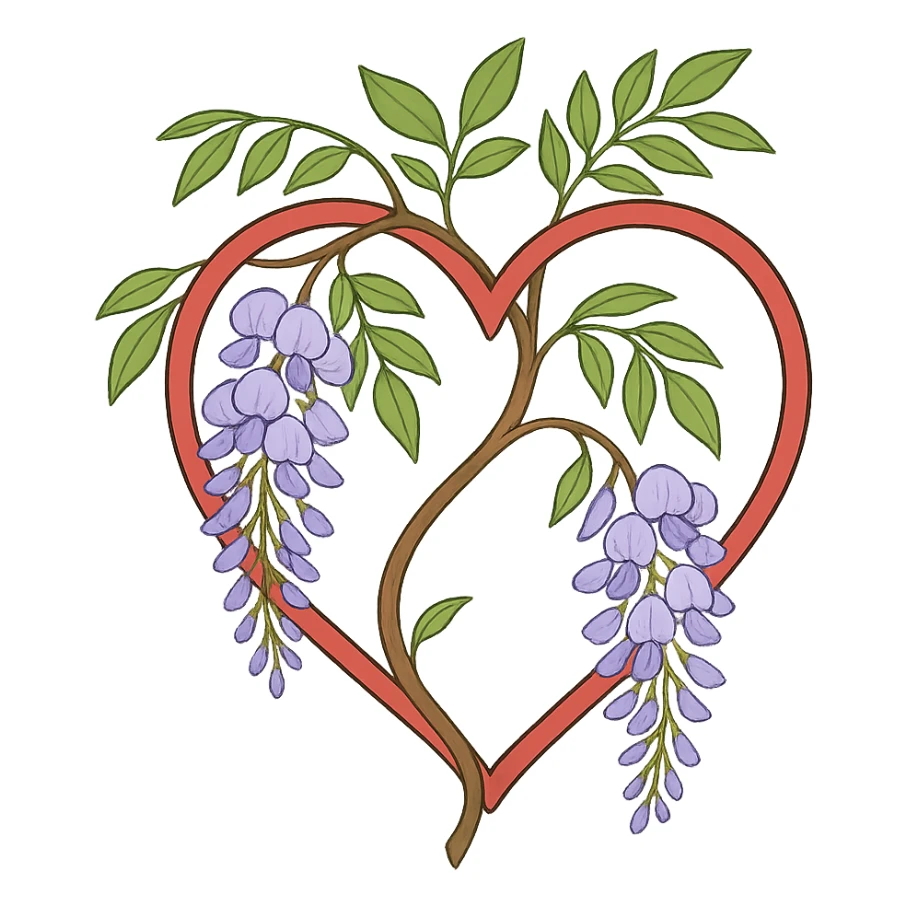 heart with a spring wisteria trellis, clean digital illustration, no background sticker