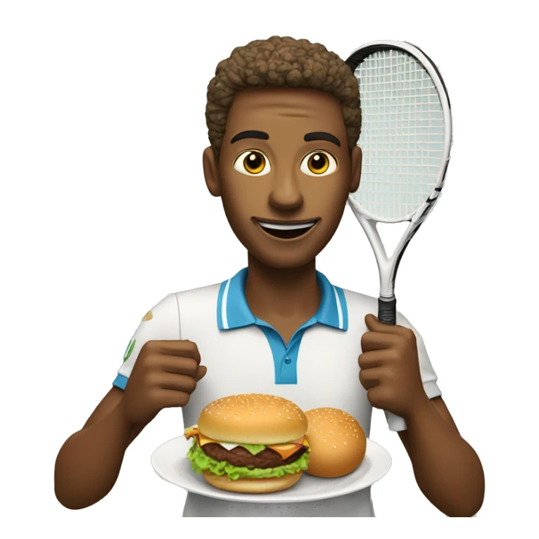 "A tennis player is holding a racket and eating a burger." sticker