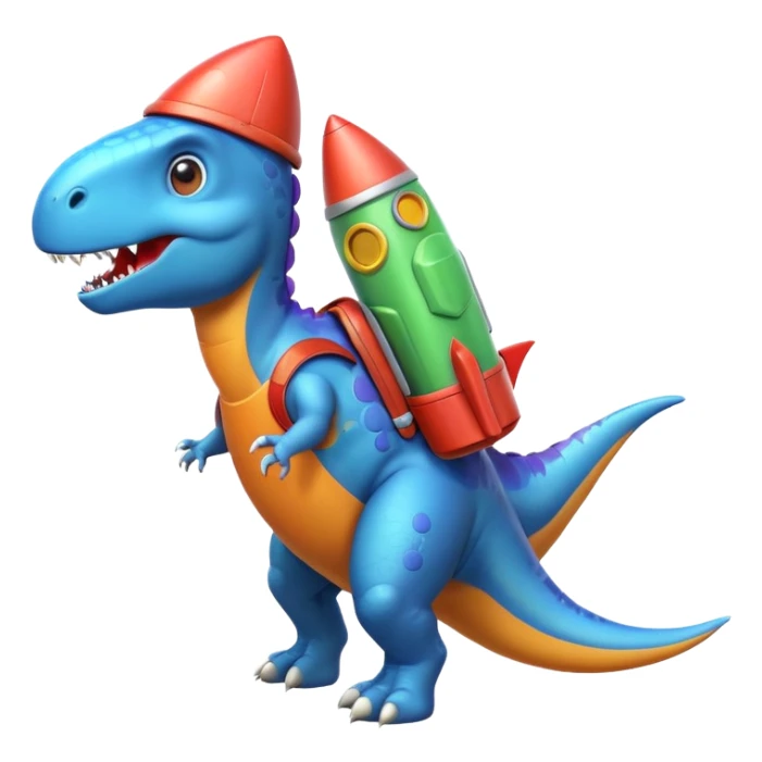 cute toy-like rocket-propelled dinosaur, rounded shapes, glossy texture, colorful rocket backpack, happy expression, 3D cartoon, mobile game icon style, clean background, no text, no watermark
 sticker
