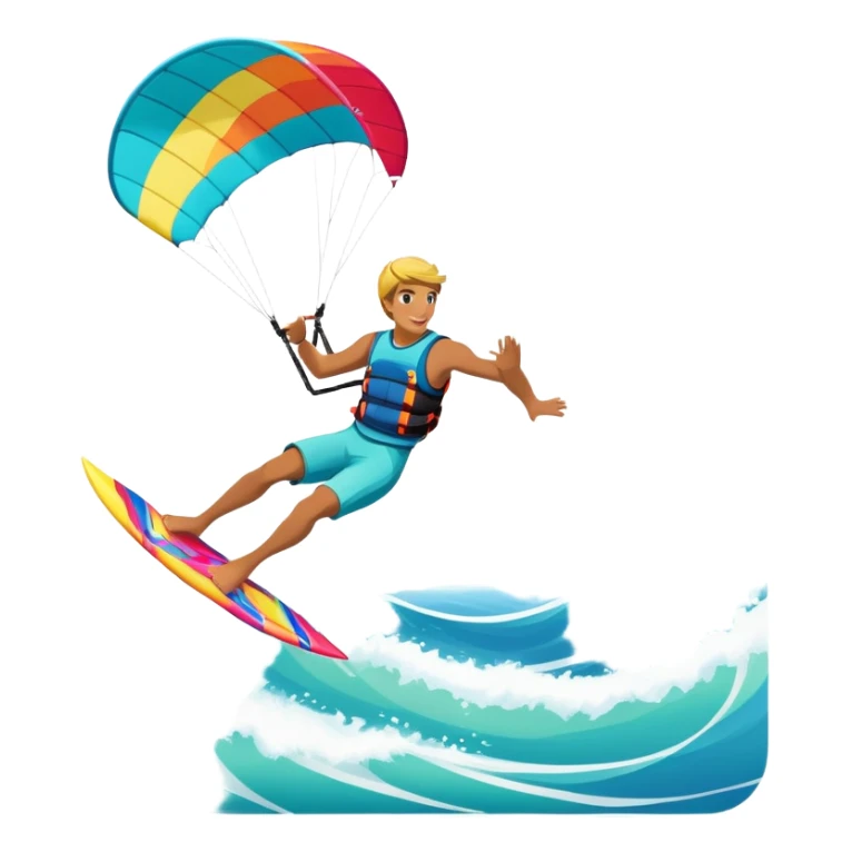 A professional kite surfer performing a high-flying trick on the waves, with a colorful kite soaring above. The background features a stunning landscape of rolling ocean waves, a bright sky, and distant mountains, emphasizing the skill and freedom of the sport. sticker