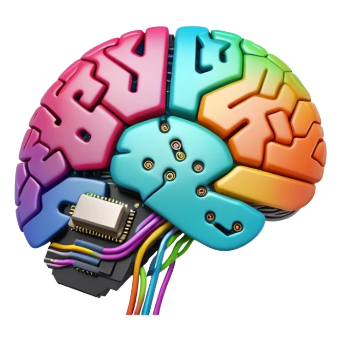 A digital brain with CPU circuitry and colorful neural connections sticker